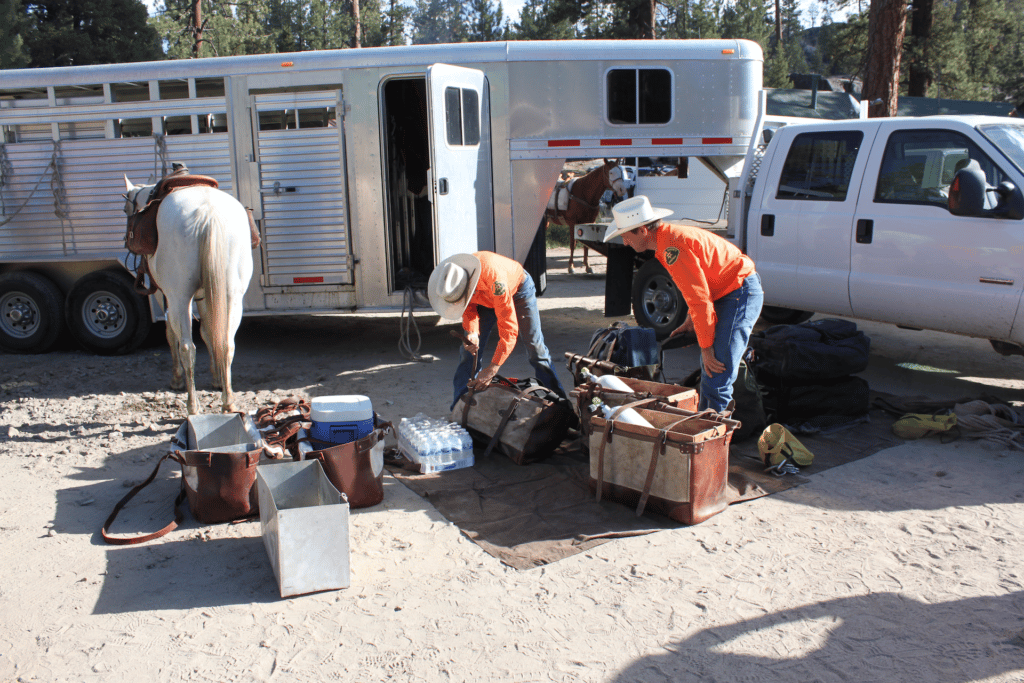 Dive gear being prepared to be loaded on pack horses.