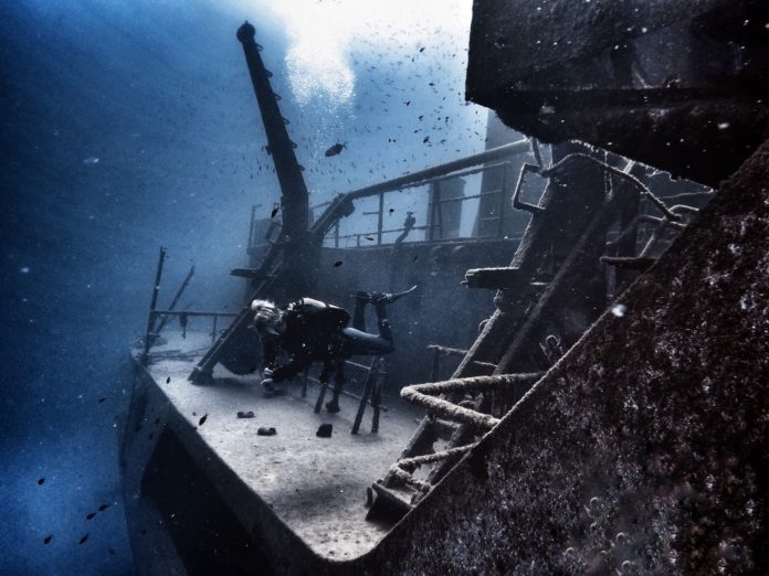 Miranda diving the Um el Faroud wreck.