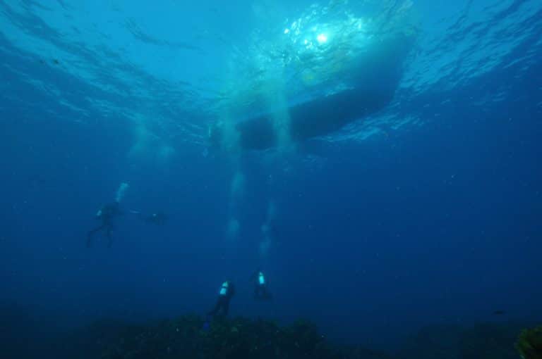 Scuba divers diving under a boat. What is a no decompression limit in scuba diving?